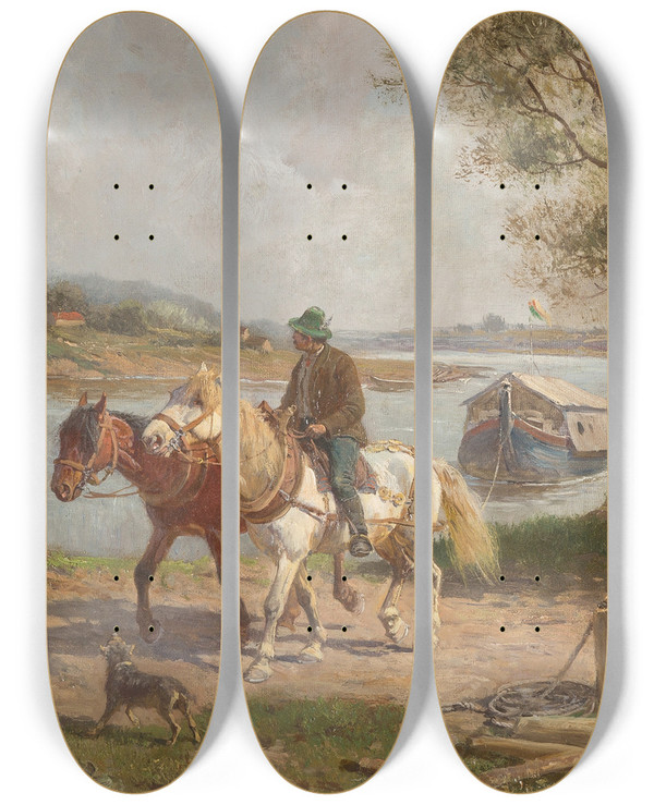 Triptych art skateboard deck of Fritz Van Der Venne Farmer With Horses By A River by Fritz Van Der Venne (1873-1936)