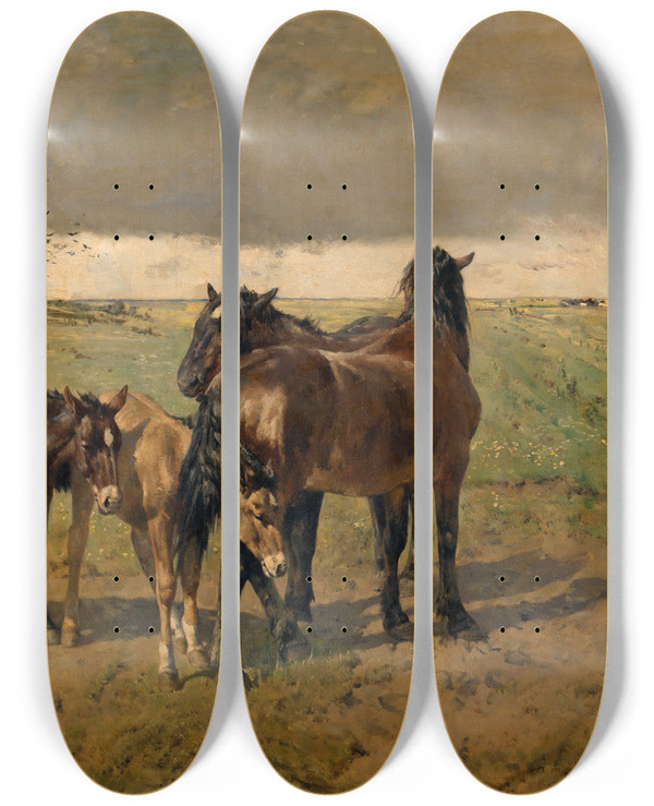 Triptych art skateboard deck of Alfred Verwee Foals In The Paddock by Alfred Verwee (1838-1895)