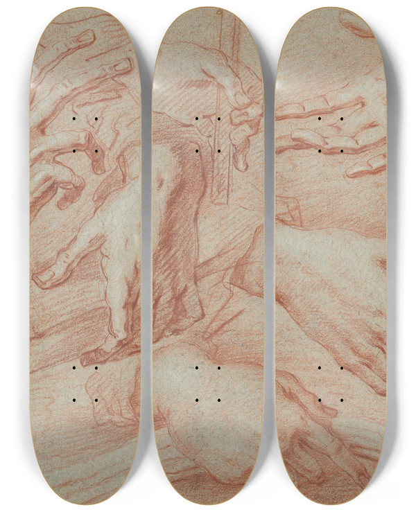 Triptych art skateboard deck of Daniele Crespi Study Of Hands by Daniele Crespi (1597-1630)
