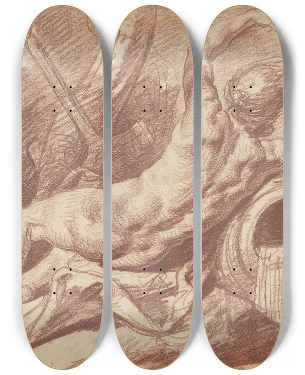 Triptych art skateboard deck of Jeanbaptiste Greuze Reclining River God by Jean-Baptiste Greuze (1725-1805)