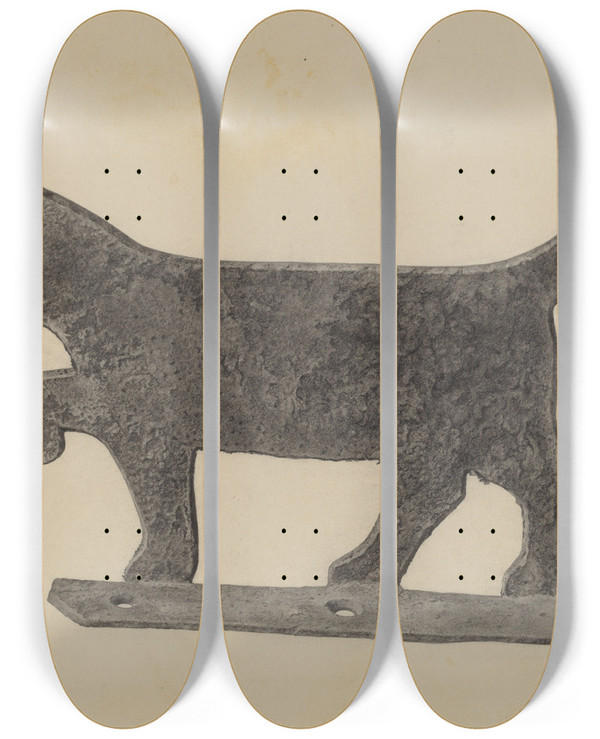 Triptych art skateboard deck of Helen Hobart Foot Scraper by Helen Hobart