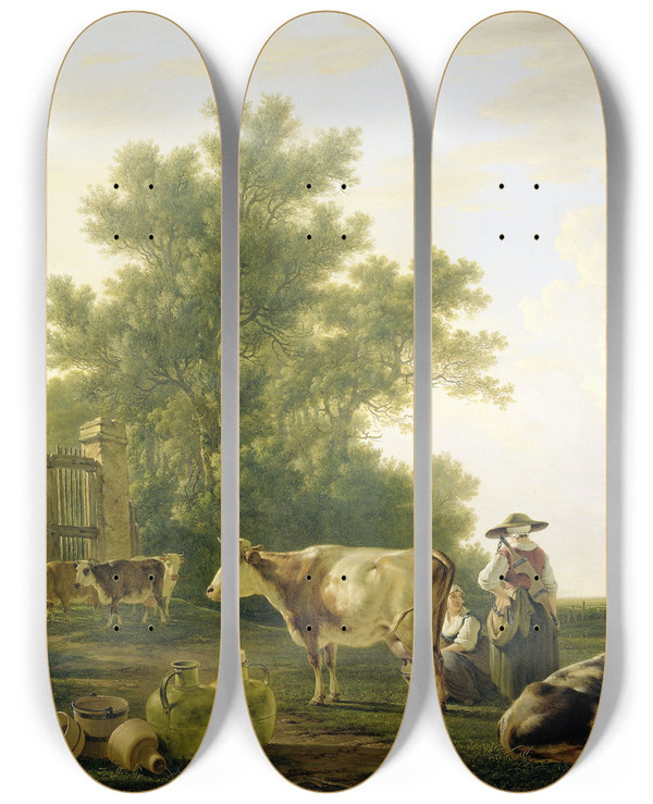 Triptych art skateboard deck of Jacob Van Strij Milking Time by Jacob Van Strij (1756-1815)