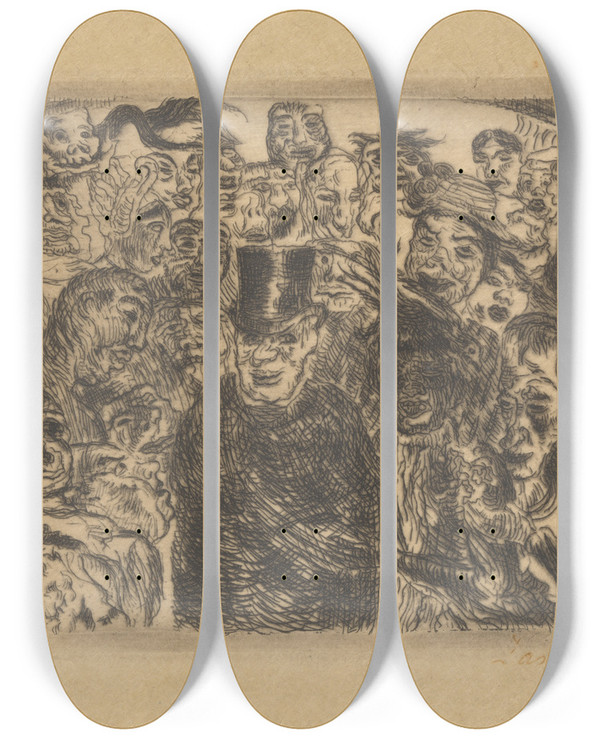 Triptych art skateboard deck of James Ensor Gentrigeerde Maskers by James Ensor (1860-1949)