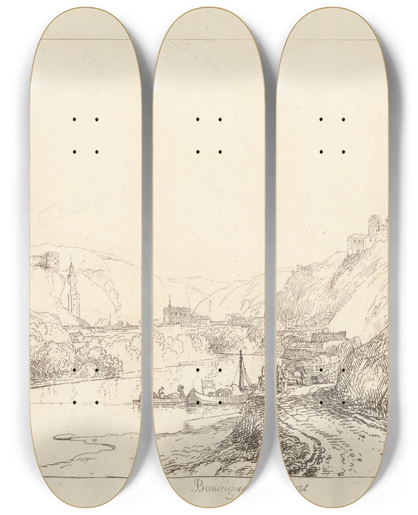 Triptych art skateboard deck of George Arnald Bouvignes And Dinant_1 by George Arnald (1763-1841)