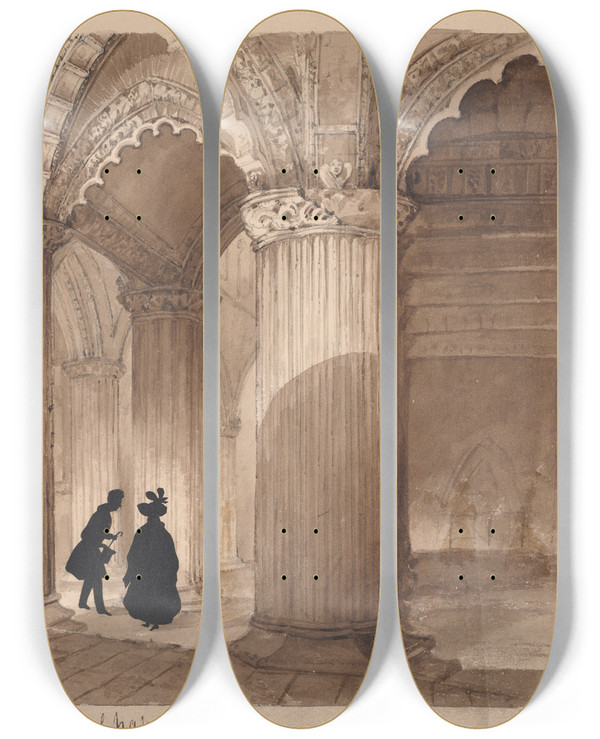Triptych art skateboard deck of Auguste Edouart Roslyn Chapel by Auguste Edouart (1789-1861)