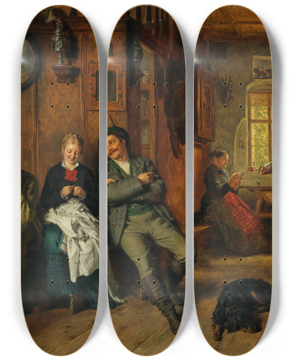 Triptych art skateboard deck of Eduard Von Grtzner Einfdeln by Eduard Von Grutzner (1848-1925)