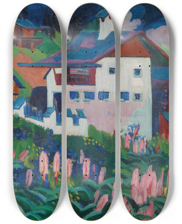 Triptych art skateboard deck of Ernst Ludwig Kirchner Unser Haus by Ernst Ludwig Kirchner (1880-1938)