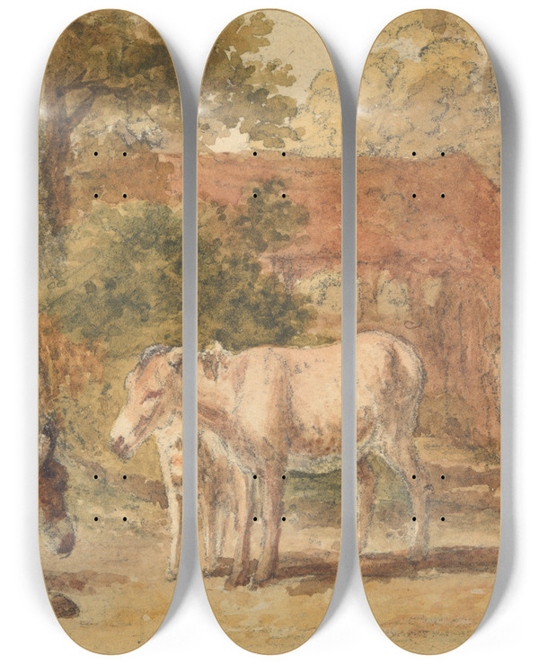 Triptych art skateboard deck of Robert Hills Three Donkeys by Robert Hills (1769-1844)