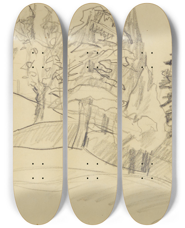 Triptych art skateboard deck of Anny Dollschein Haus Im Wald_1 by Anny Dollschein (1893-1946)