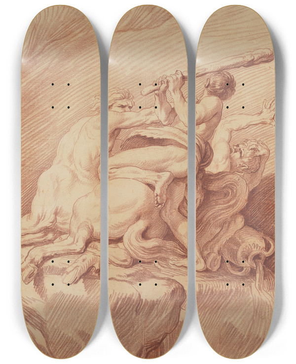 Triptych art skateboard deck of Edm Bouchardon Hercules Subduing The Centaurs by Edme Bouchardon (1698-1762)