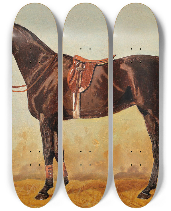 Triptych art skateboard deck of Emil Volkers Brauner Im Stall Mit Satteldecke_2 by Emil Volkers (1831-1905)