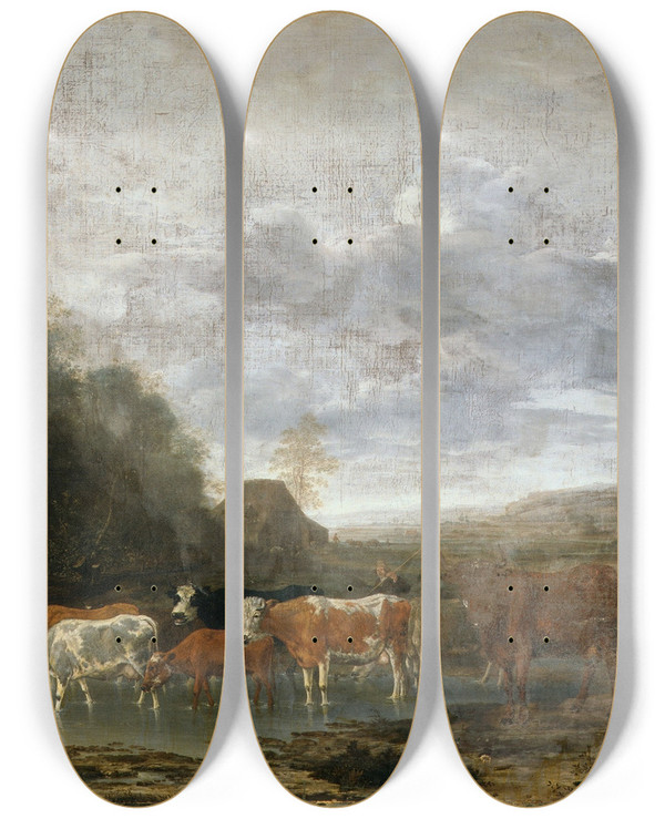 Triptych art skateboard deck of Anthonie Van Borssum Landscape With Cattle by Anthonie Van Borssum (1630-1677)