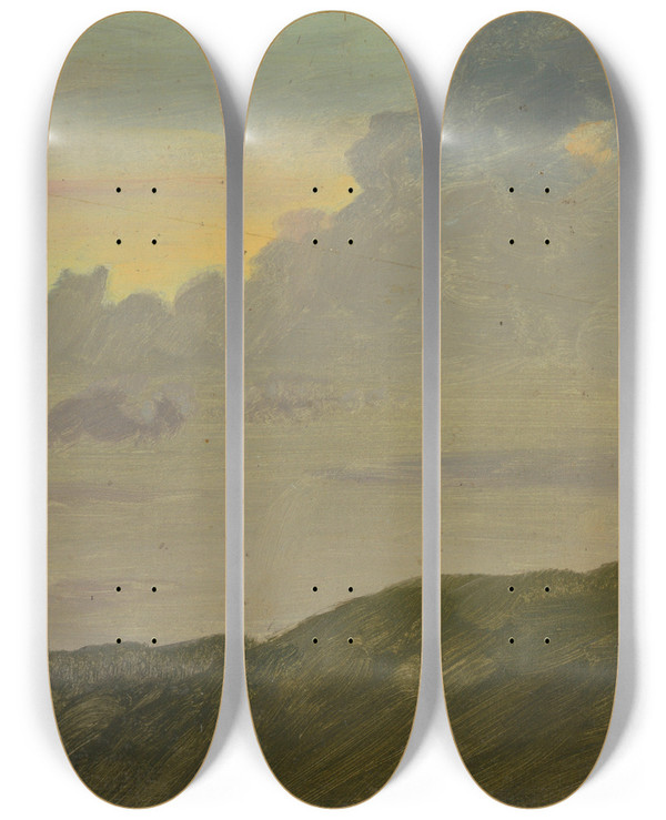 Triptych art skateboard deck of Frederic Edwin Church Hilltop And Clouds by Frederic Edwin Church (1826-1900)