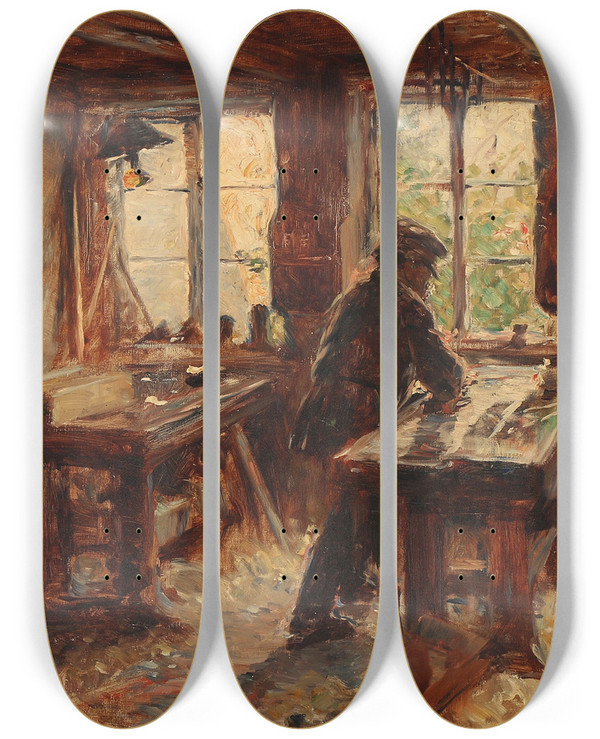 Triptych art skateboard deck of Bertha Wegmann Fra Snedkerens Vrksted by Bertha Wegmann (1847-1926)