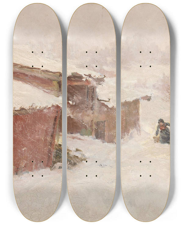 Triptych art skateboard deck of Jacob Glersen Drifting Snow_1 by Jacob Gloersen (1852-1912)