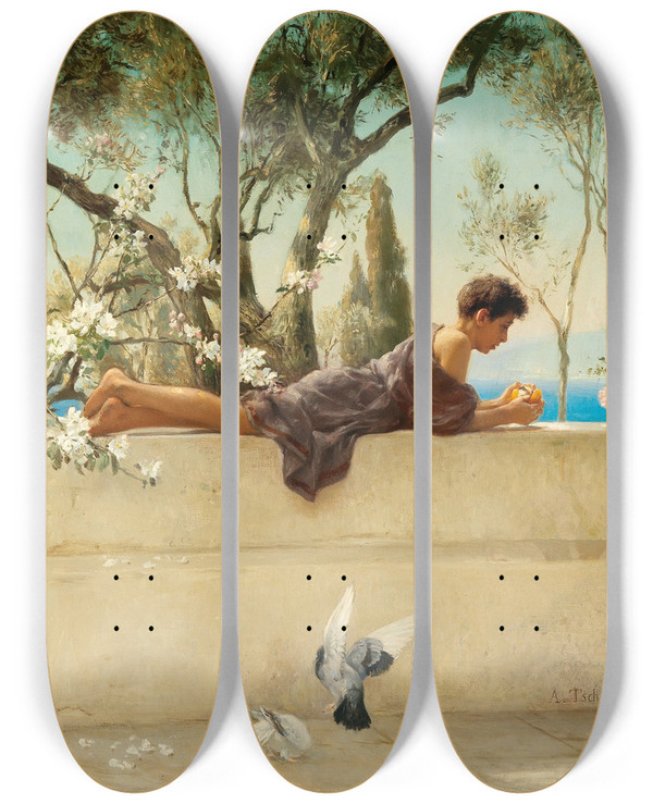 Triptych art skateboard deck of Albert Tschautsch At The Veranda by Albert Tschautsch (1843-1922)