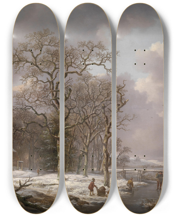 Triptych art skateboard deck of Andreas Schelfhout Figures In A Winter Landscape by Andreas Schelfhout (1787-1870)