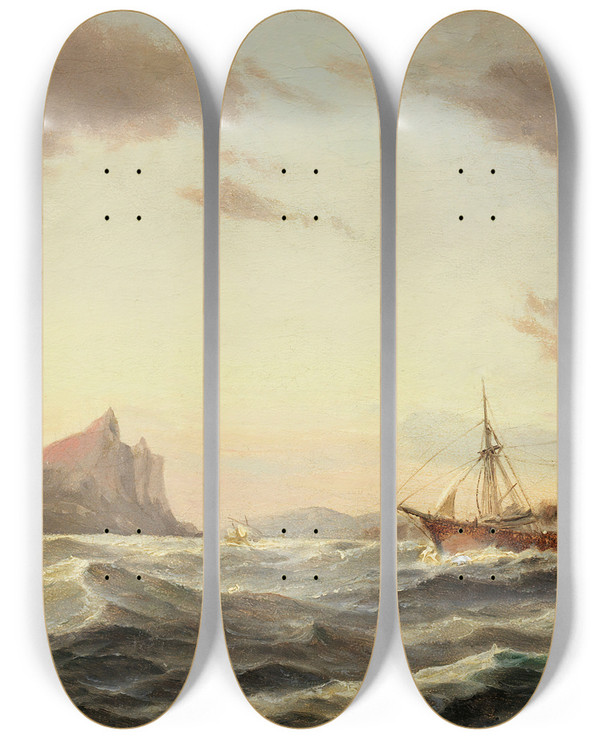 Triptych art skateboard deck of Carl Bille Dampfschiff Vor Dem Fels Von Gibraltar by Carl Bille (1815-1898)