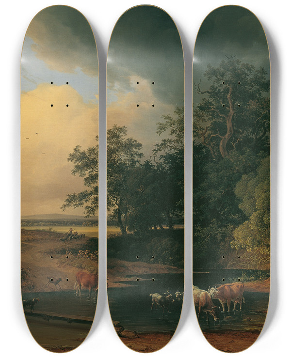 Triptych art skateboard deck of Josef Feid Aulandschaft Bei Abendstimmung by Josef Feid (1806-1870)