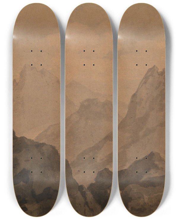 Triptych art skateboard deck of Alexander Cozens Mountain Tops A Mountain Study by Alexander Cozens (1717-1786)