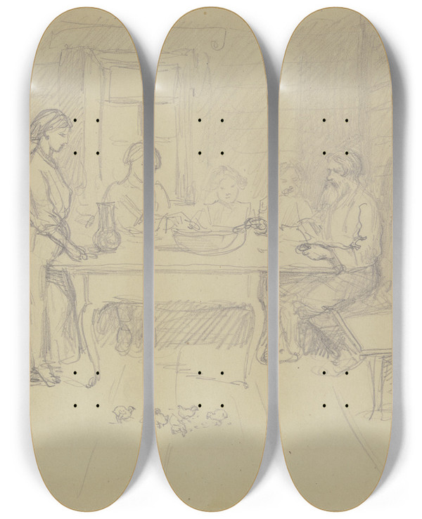 Triptych art skateboard deck of Wilhelm Amandus Beer Russische Bauern Beim Essen_2 by Wilhelm Amandus Beer (1837-1907)