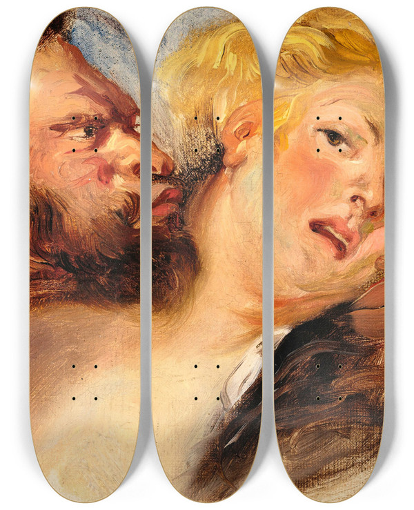 Triptych art skateboard deck of Eugne Delacroix Satyr Embracing A Nymph After Peterpaul Rubens by Eugene Delacroix (1798-1863)