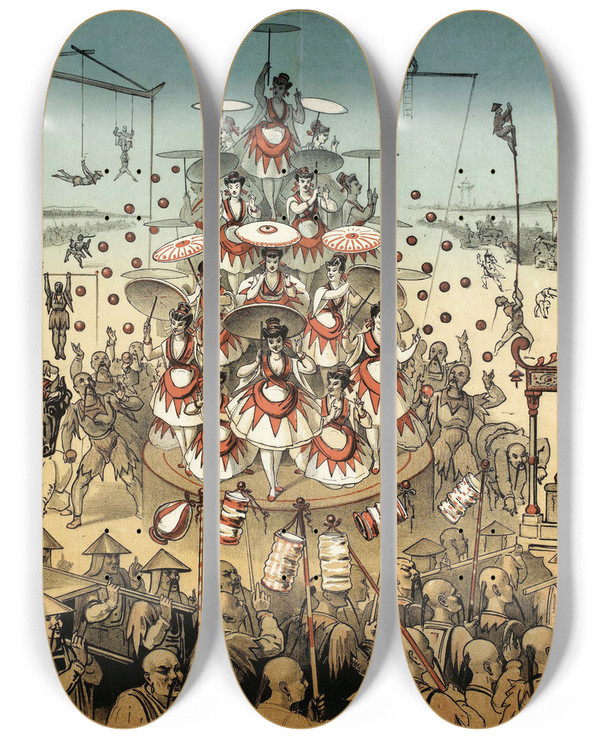 Triptych art skateboard deck of Alfred Choubrac Les Japonais by Alfred Choubrac (1853-1902)