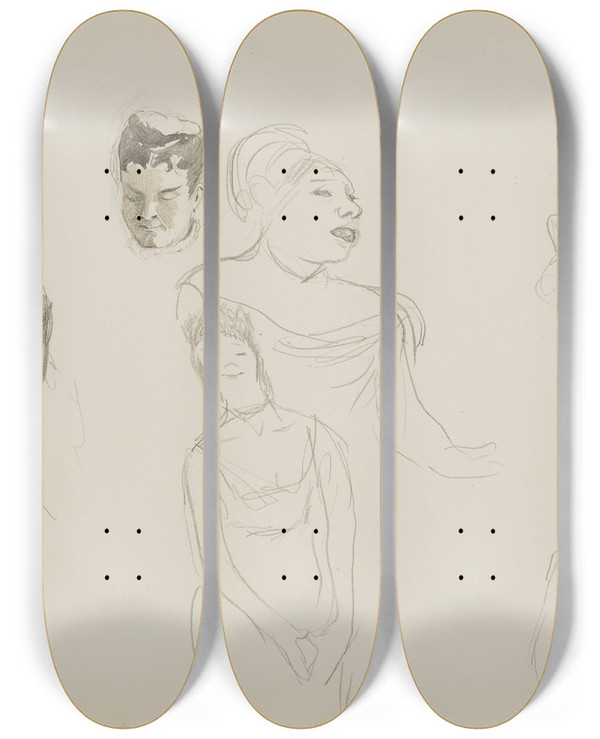 Triptych art skateboard deck of Edgar Degas Sketches Of Caf Singers_1 by Edgar Degas (1834-1917)