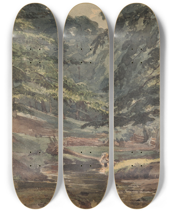 Triptych art skateboard deck of Thomas Sully Wooded River Scene by Thomas Sully (1783-1872)
