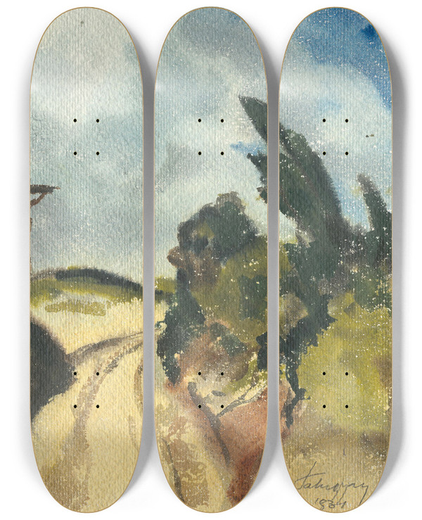 Triptych art skateboard deck of Zolo Palugyay Hlbok Road by Zolo Palugyay (1898-1935)