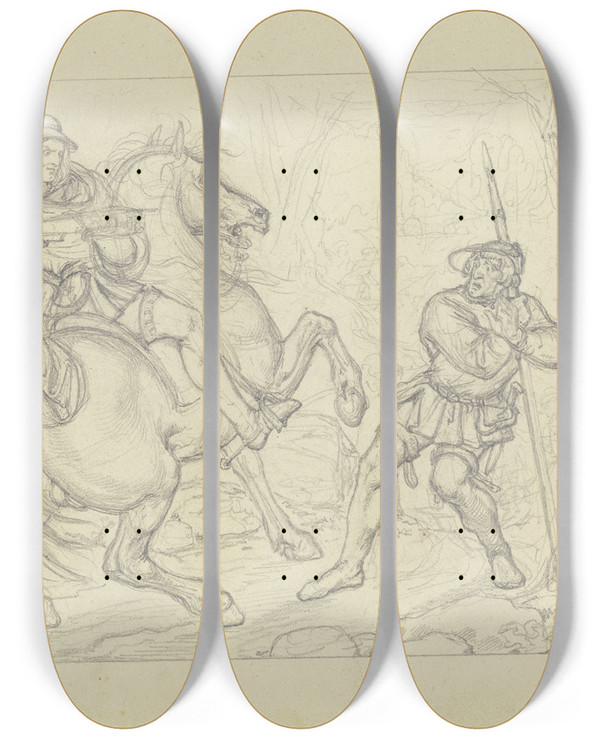 Triptych art skateboard deck of Ferdinand Fellner Ungedeutete Szene Ein Ritter Einen Mit Einem Spie Bewaffneten Bauern An Einem Bildstock Mit Der Armbrust Bedrohend_2 by Ferdinand Fellner (1799-1859)