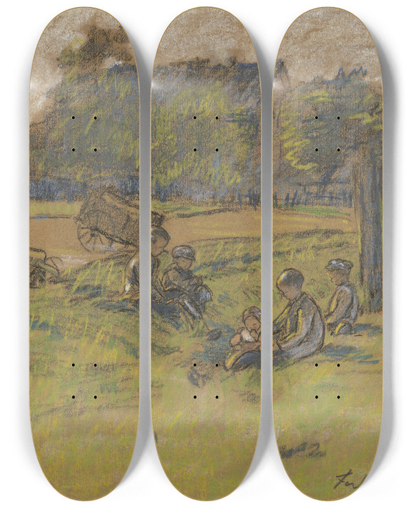 Triptych art skateboard deck of Ferdinand Balzer Children On A Meadow by Ferdinand Balzer (1872-1916)