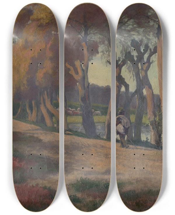 Triptych art skateboard deck of Jozef Hanula Landscape With A Herdsman by Jozef Hanula (1863-1944)