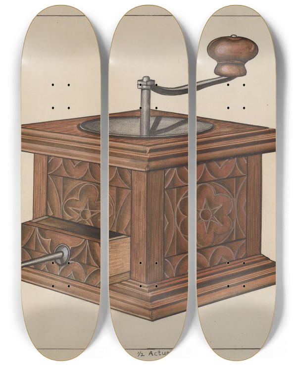 Triptych art skateboard deck of Raymond Manupelli Coffee Grinder by Raymond Manupelli