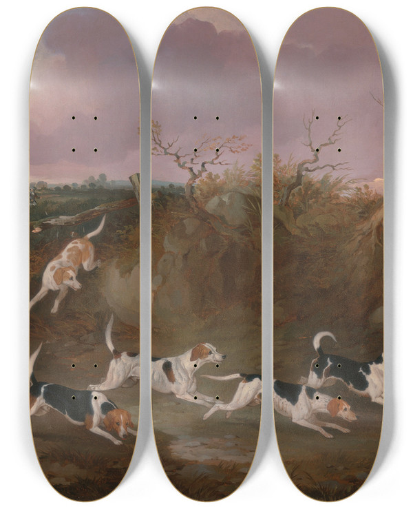 Triptych art skateboard deck of John Dalby Beagles In Full Cry by John Dalby (1810-1865)