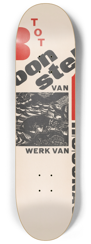 Henri Jonas - Affiche voor een tentoonstelling van werk H.C. Jonas. 3 tot 10 juni met prent van walvis en schipbreukeling 8.25 inch art skate deck