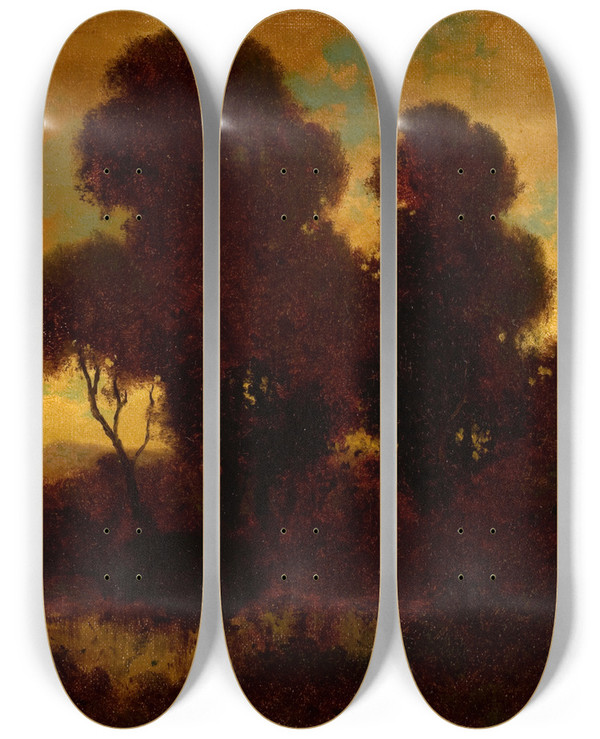 Triptych art skateboard deck of William Keith Evening Landscape by William Keith (1838-1911)
