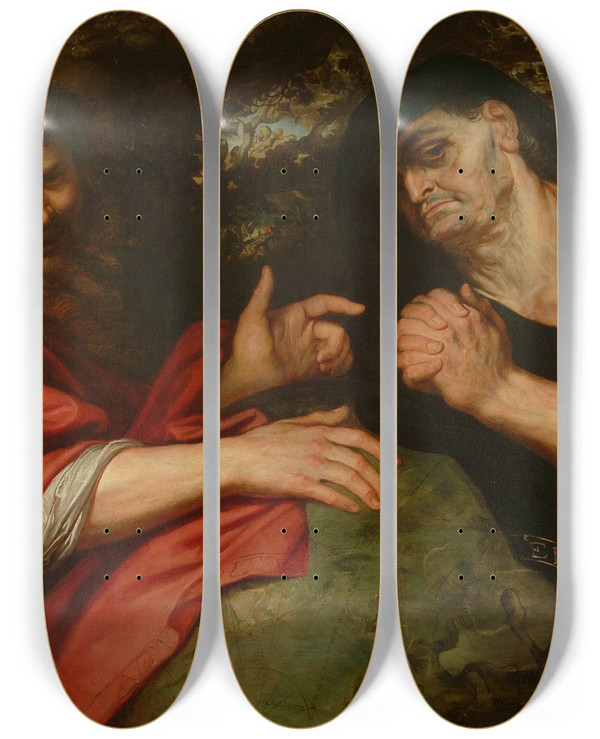Triptych art skateboard deck of Peter Paul Rubens Democritus And Heraclitus by Peter Paul Rubens (1577-1640)
