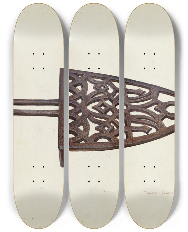 Triptych art skateboard deck of Donald Harding Flat Iron Holder_1 by Donald Harding