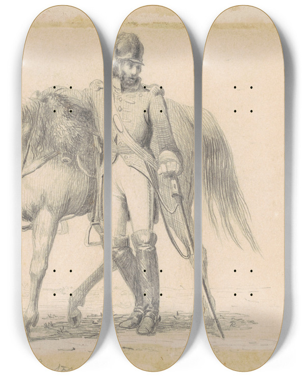 Triptych art skateboard deck of William Tylee Ranney Dragoon With His Charger by William Tylee Ranney (1813-1857)
