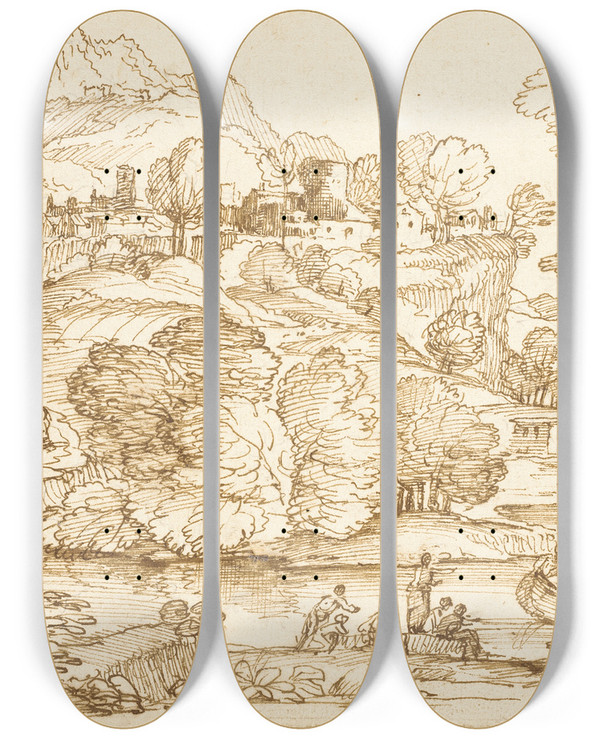 Triptych art skateboard deck of Giovanni Francesco Grimaldi Landscape With River And Figures by Giovanni Francesco Grimaldi (1606-1680)