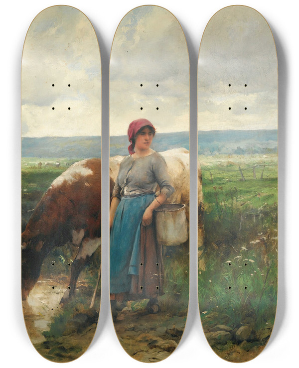 Triptych art skateboard deck of Julien Dupr La Gardeuse De Vaches by Julien Dupre (1851-1910)