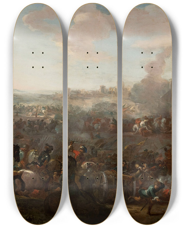 Triptych art skateboard deck of Jan Peter Van Bredael Ii Battle by Jan Peter Van Bredael Ii (1683-1735)