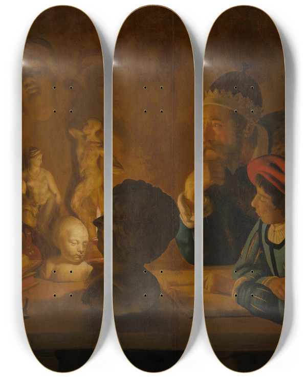 Triptych art skateboard deck of Jan Ter Borch The Drawing Lesson by Jan Ter Borch (1624-1646)