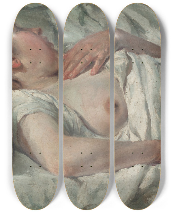 Triptych art skateboard deck of Francesc Gimeno Woman Sleeping by Francesc Gimeno (1858-1927)