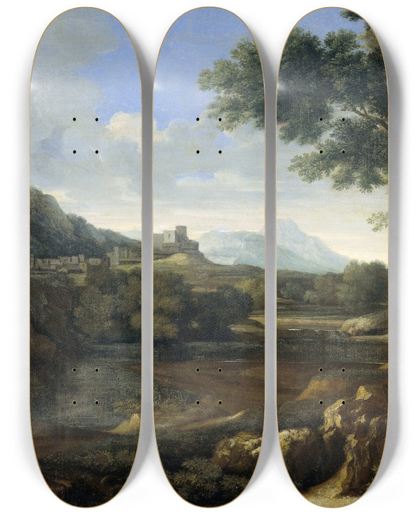 Triptych art skateboard deck of Gaspard Dughet Landscape by Gaspard Dughet (1615-1675)