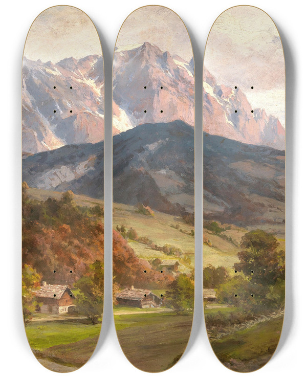 Triptych art skateboard deck of Franz Kulstrunk Hochknig Vom Almdorf Aus by Franz Kulstrunk (1861-1944)