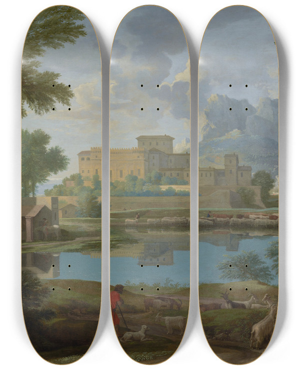 Triptych art skateboard deck of Nicolas Poussin Landscape With A Calm by Nicolas Poussin (1594-1665)