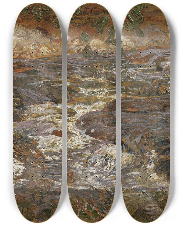 Triptych art skateboard deck of Helmer Osslund Cascading Brook by Helmer Osslund (1866-1938)