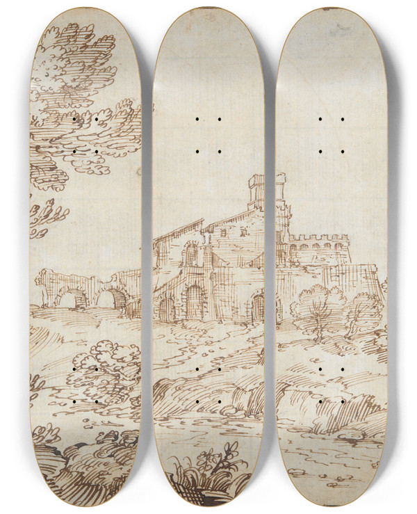 Triptych art skateboard deck of Giovanni Francesco Grimaldi Termi De Caracalla Baths Ofcaracalla by Giovanni Francesco Grimaldi (1606-1680)